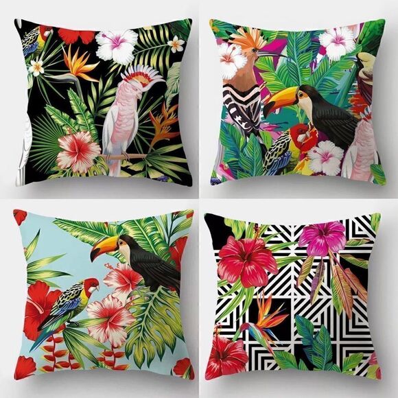 Set of 4 Waterproof Rainforest Jungle Plant Wildlife Throw Pillow Covers - Picture 1 of 5